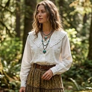 Vintage Cotton Prairie Peter Pan Collar White Blouse Size 16-18